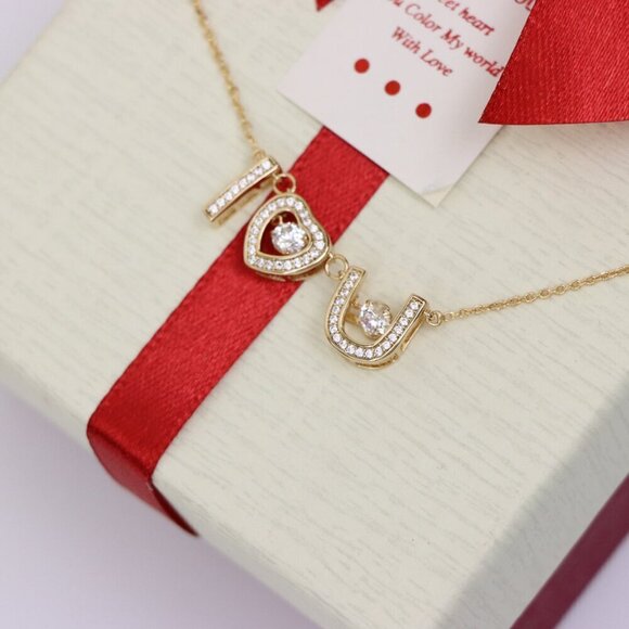 "Rose Gold “I ♥ U” Pendant Necklace with Crystals , XPNL0167 - Picture 4 of 13